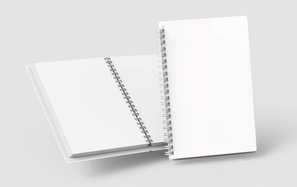 Blank notebooks mockup in 3d rendering on light gray background, open books - Foto, Bild
