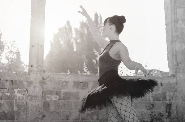 Portrait of adult ballerina posing in black tutu outdoors. - Photo, Image