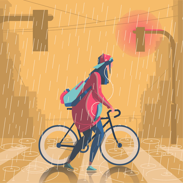 Κορίτσι περπάτημα στη βροχή με την εικονογράφηση ποδήλατο - Διάνυσμα, εικόνα