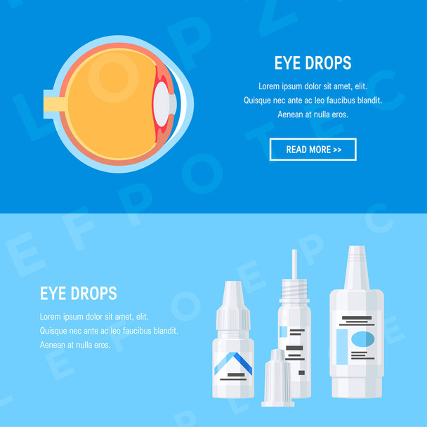 Eye drops bottles in flat style, vector illustration. Web banner template for ophthalmology clinic or drugstore - Vetor, Imagem