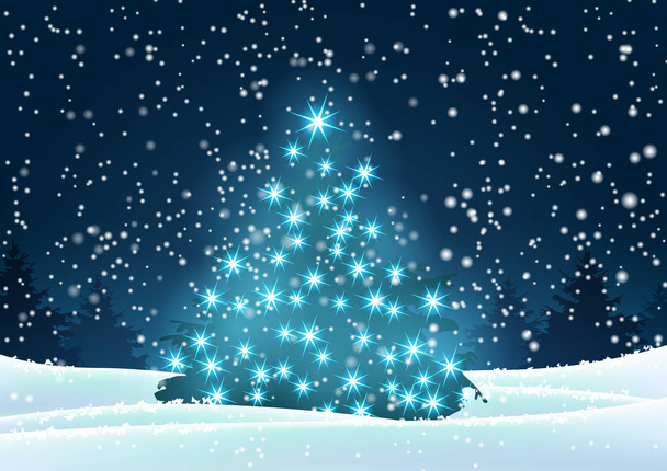 Arbre de Noël avec lumières bleues dans un paysage sombre
 - Vecteur, image