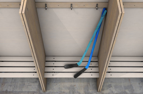 Дві хокейні палички в дерев'яній кубі з лавкою і вішаками в кімнаті спортивної роздягальні 3D рендерингу
 - Фото, зображення