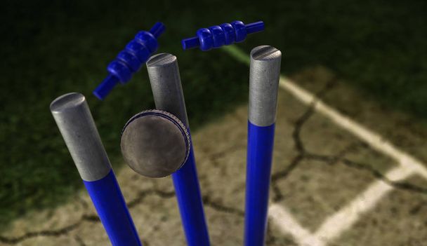 Una pelota de cricket de cuero blanco golpeando grillos azules sobre un fondo de césped agrietado - 3D render
 - Foto, Imagen