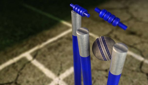 ein weißes Leder Cricket Ball schlagen blauen Cricket Pforten auf einem rissigen Rasen Pitch Hintergrund - 3d render - Foto, Bild