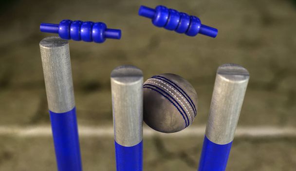 Uma bola de críquete de couro branco batendo wickets de críquete azul em um fundo de campo de grama rachado - renderização 3D
 - Foto, Imagem