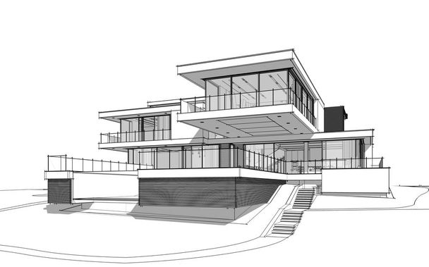 3D-Rendering-Skizze von modernen gemütlichen Haus am Fluss mit Garage zum Verkauf oder zur Miete. Schwarze Linienskizze mit sanften hellen Schatten auf weißem Hintergrund. - Foto, Bild