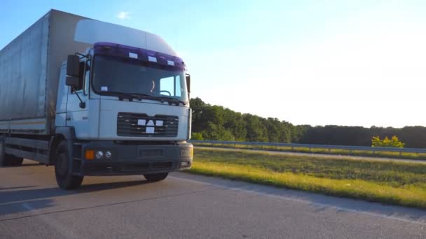 Camera volgt naar de vrachtwagen rijden op een snelweg. Vrachtwagen rijdt door het landschap met prachtige landschap op de achtergrond. Vooraanzicht slowmotion close-up - Video