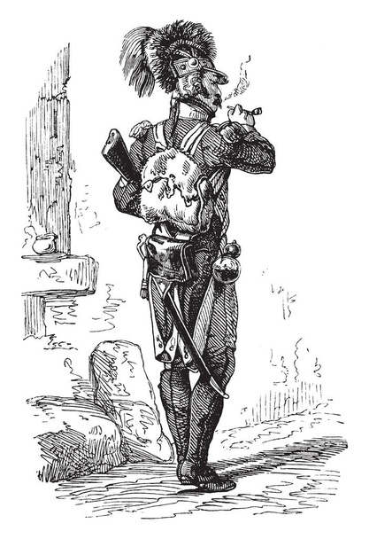 Um desenho granadeiro de Horace Vernet, papel distinto em meados do século XVII e, por vezes, operações de assalto, desenho de linha vintage ou gravura ilustração
. - Vetor, Imagem