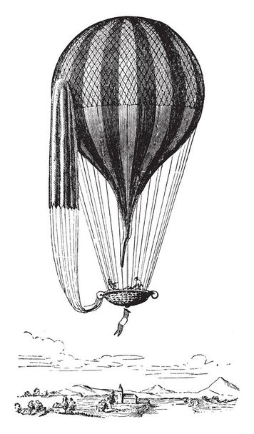 Balloon with Car and Parachute which is sustained by cords attached to a network covering the entire upper half of the balloon, vintage line drawing or engraving illustration. - Vector, Image