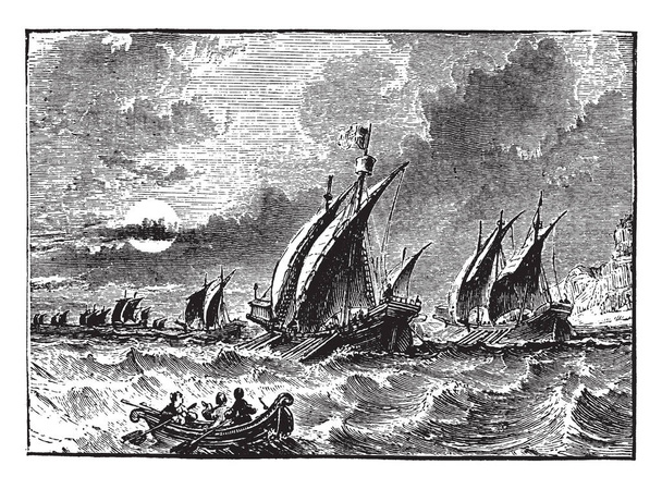 Чотирнадцятого століття суден були сформовані Bristol Кінгс Лінн і Грімсбі, vintage штриховий малюнок або ілюстрація гравіювання. - Вектор, зображення
