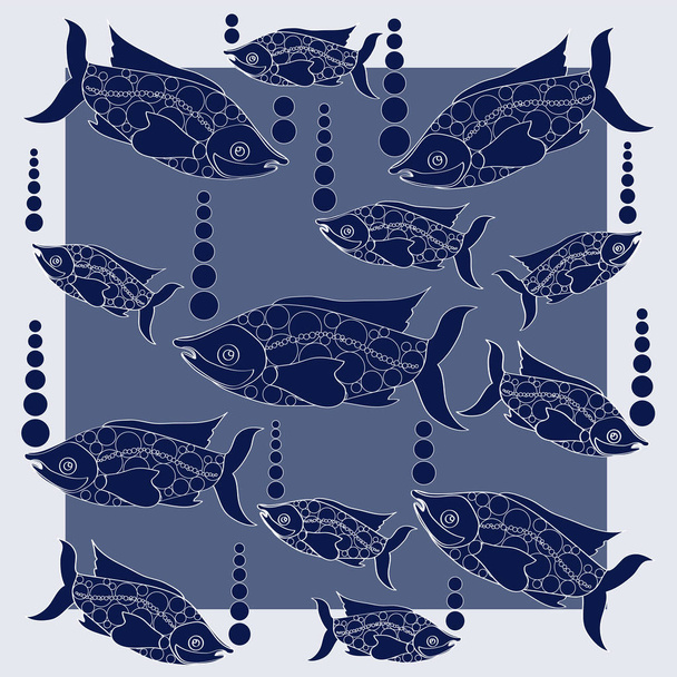 水族館。水玉で暗い青魚。様式化。明るい背景に構成します。明るい魚サンゴ礁水槽。繊維、包装紙、ナプキン、サイトの背景を設計します。. - ベクター画像