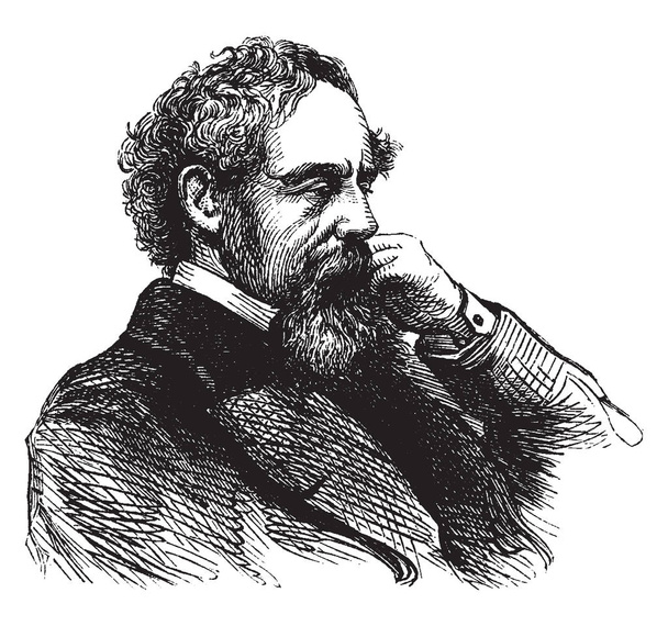 Charles Dickens, 1812-1870, he was an English writer and social critic, one of the most popular English novelists of the Victorian era as well as a vigorous social campaigner, vintage line drawing or engraving illustration - Vector, Image