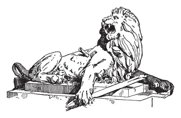 Der verwundete Löwe ist eine Skulptur, die in Kriegerdenkmälern, Vintage-Linienzeichnungen oder Stich-Illustrationen gefunden wurde. - Vektor, Bild