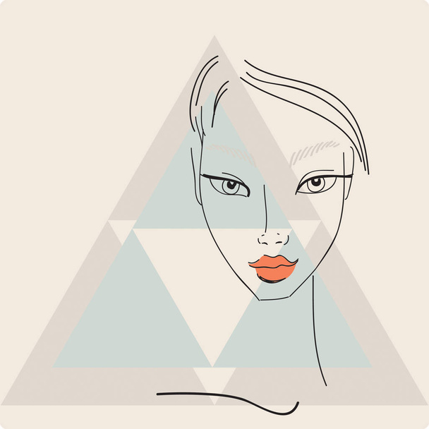 三角形の幾何学的形状と明るい背景にスタイリッシュな若い美人顔。80 年代のスタイル - ベクター画像