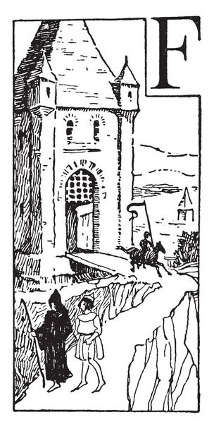 Mittelalter, das eine Burg und verschiedene Klassen von Menschen im mittelalterlichen Europa, vintage line drawing or gravure illustration. - Vektor, Bild