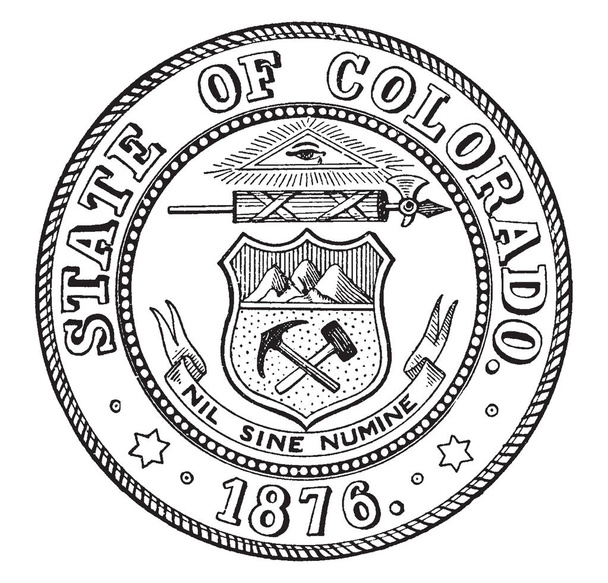 El sello estatal de Colorado, este sello en forma de círculo muestra el Ojo de la Providencia, en la parte superior dentro del triángulo, debajo de esa varilla con un hacha de batalla unida, con una cinta, un escudo tiene un pico y un martillo, dibujo de línea vintage o ilustración de grabado
 - Vector, imagen