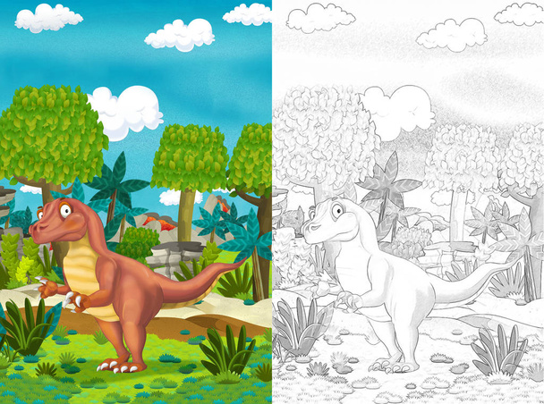 cartoon scene with dinosaurs in the jungle - with coloring page - illustration for children - Fotoğraf, Görsel
