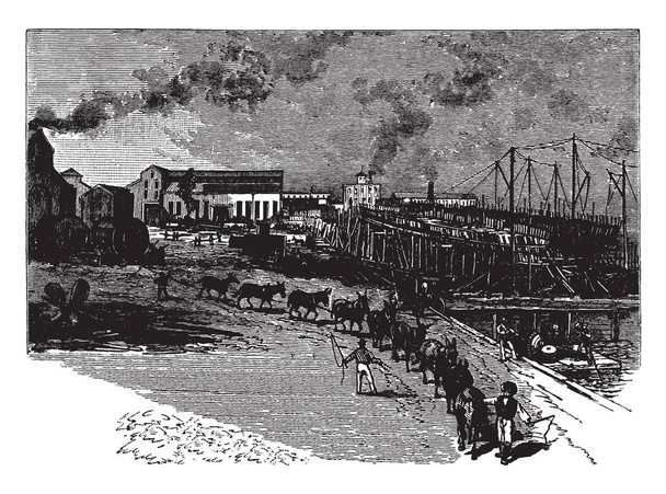This illustration represents New England Shipyard, vintage line drawing or engraving illustration. - Vector, Image