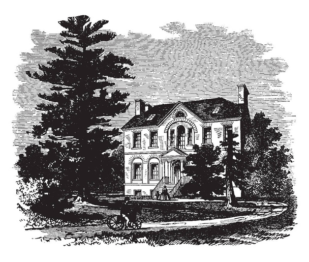This is the Pringle Mansion where Cockburn met with several ladies in 1812, vintage line drawing or engraving illustration. - Vector, Image
