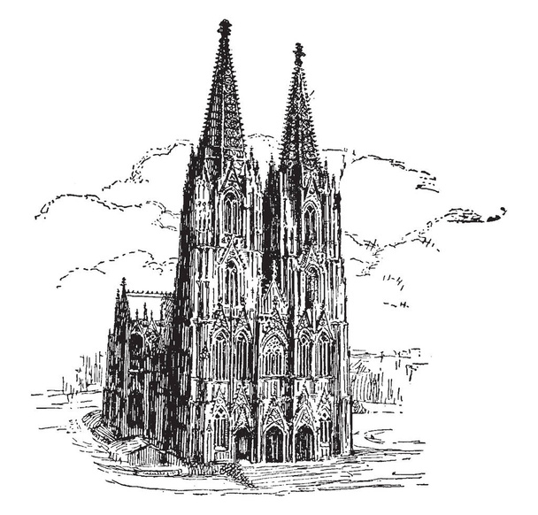 In diesem Bild sehen wir den schönsten Dom Deutschlands, Köln, Vintage-Linienzeichnung oder Gravurillustration. - Vektor, Bild