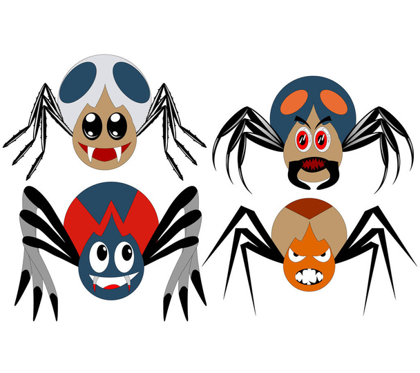 Sada čtyř kreslených pavouků různých tvarů a barev, druhu a zlé pavouci na helloween - Vektor, obrázek