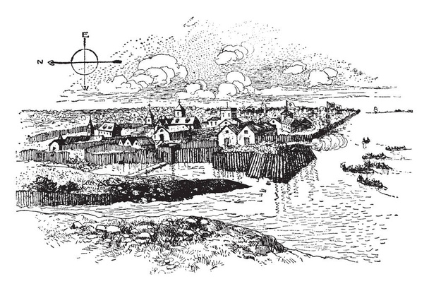  Jamestown was de eerste Engelse nederzetting in Amerika in Virginia, vintage lijntekening of gravure illustratie. - Vector, afbeelding