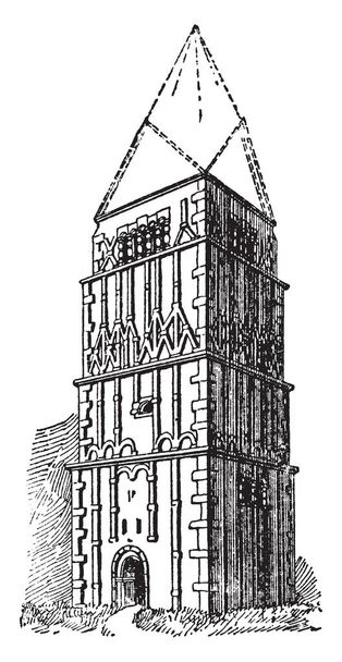 アールズ ・ バートン教会の塔の唯一の残りの部分、ユニークで国際的に有名なアイコン、ビンテージの線描画や彫刻イラストが飾られて. - ベクター画像