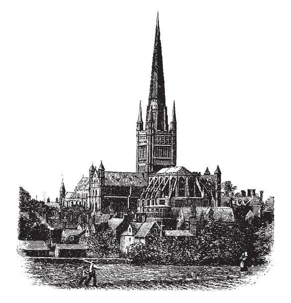 Ο Καθεδρικός Ναός του East Anglia (Νόριτς), ηγουμενείο, στον καθεδρικό ιερό της εκκλησίας Αγγλία Καντέρμπουρυ, εκκλησάκι, χριστιανική, κυρία Υπουργέ, ενορία, τόπο λατρείας, εκλεκτής ποιότητας γραμμικό σχέδιο ή απεικόνιση χαρακτική. - Διάνυσμα, εικόνα