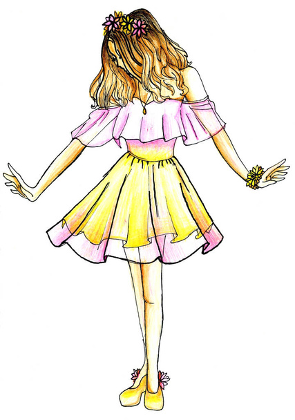 The girl admires a beautiful dress. Children's drawing, colored pencils, felt-tip pens - Φωτογραφία, εικόνα