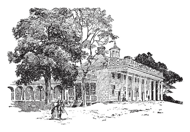 Mount Vernon, situata nei pressi di Alexandria, Virginia, fu la sede della piantagione del primo presidente degli Stati Uniti, George Washington. C'è una coppia che cammina con l'altro sul cortile, disegno a linee vintage o illustrazione incisione
. - Vettoriali, immagini