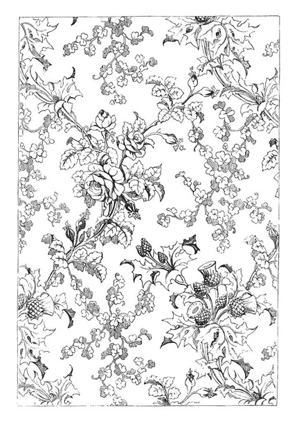 La tela de seda muestra un patrón de rosa, también utiliza trébol y cardo, dibujo de línea vintage o ilustración de grabado
. - Vector, Imagen