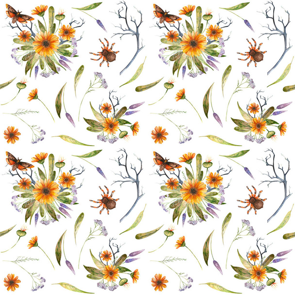 Watercolor halloween pattern of flowers and insects - Fotoğraf, Görsel