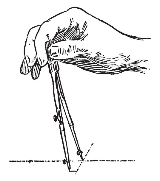 Kompas aanpassing zorg ervoor dat benen bij elkaar terwijl de moer langzaam draaien, vintage lijntekening of gravure illustratie plaatsen. - Vector, afbeelding