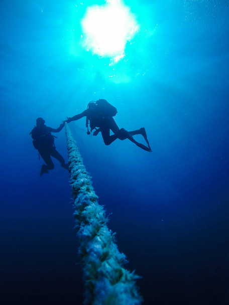 エジプトの紅海で難破船にロープを保持して降順スキューバ ダイバー - 写真・画像