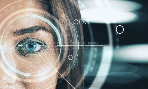 Abstract digital blue eye interface wallpaper. Biometrics and scanning concept. Double exposure  - Foto, Bild