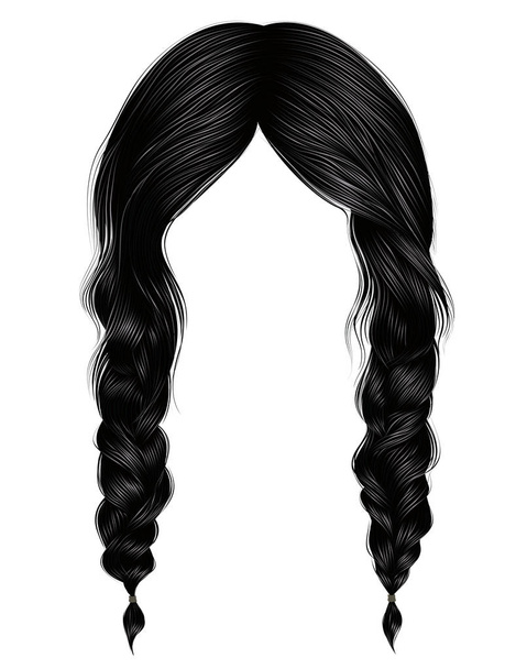 trendige Frauen Haare brünett schwarze Farbe .two Zöpfe . - Vektor, Bild