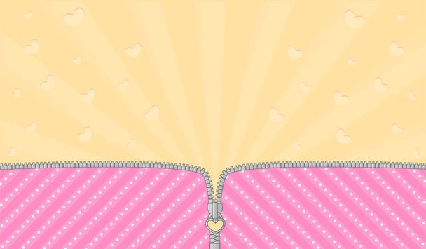 hell rosa gestreiften Hintergrund für eine Themenparty im Stil lol Puppe Überraschung. offener Vektor-Reißverschluss und niedliches Schloss. Vorlage für die gelbe Geburtskulisse. Strahlen und fliegende Herzen mit Leerraum für Text laden ein - Vektor, Bild