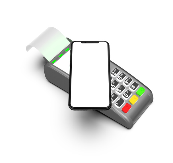 Zahlungsterminal isoliert auf weißem Hintergrund. Smartphone und Terminal von oben. - Foto, Bild
