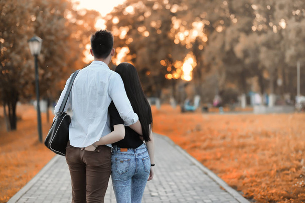 Giovane coppia in passeggiata nel parco autunnale
  - Foto, immagini