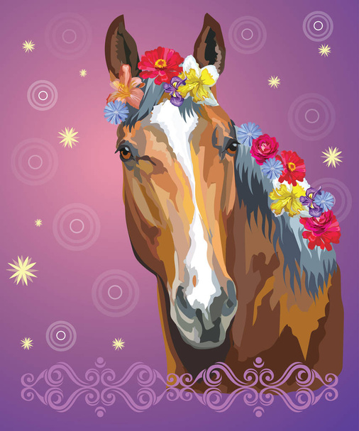 Πολύχρωμη εικονογράφηση φορέα. Πορτραίτο του κόλπου άλογο με διάφορα λουλούδια σε mane απομονώνονται σε μοβ φόντο κλίση με διακοσμητικό στολίδι και κύκλους. Εικόνα για την τέχνη και το design  - Διάνυσμα, εικόνα