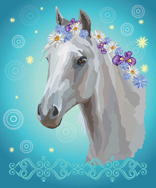 Векторна барвиста ілюстрація. Портрет білого коня з різними квітами в гриві ізольовані на бірюзовому градієнтному фоні з декоративним орнаментом і колами. Образ для мистецтва та дизайну
  - Вектор, зображення