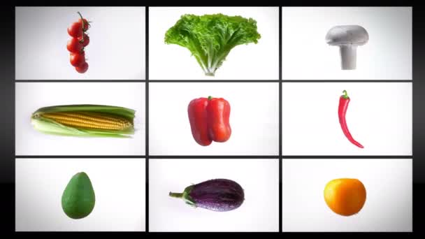 Montaje de hortalizas húmedas giratorias, sobre fondo blanco, collage
 - Metraje, vídeo