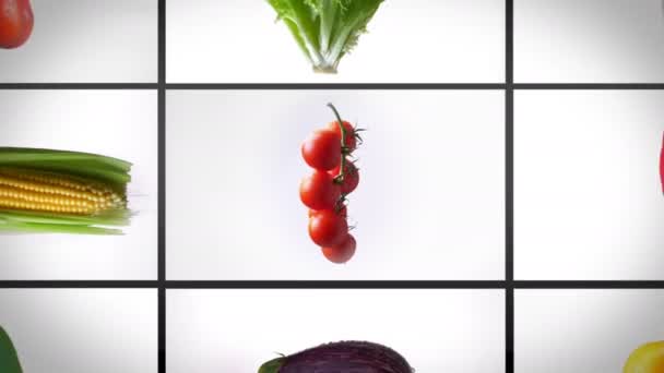 Σμίκρυνση μοντάζ κλώση υγρό λαχανικά, σε λευκό φόντο, κολάζ - Πλάνα, βίντεο