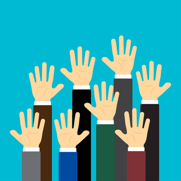 Raised up hands on blue background. Business concept. Vector illustration - Вектор,изображение