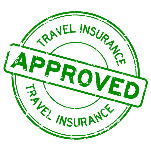 Зеленая страховка для путешествий одобрена круглой резиновой печатью на белом фоне
 - Вектор,изображение