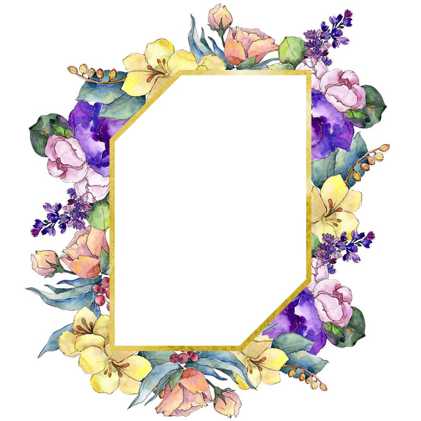 Watercolor colorful bouquet tropical flower. Floral botanical flower. Frame border ornament square. Aquarelle wildflower for background, texture, wrapper pattern, frame or border. - Foto, afbeelding