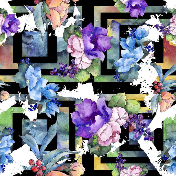 Watercolor colorful bouquet tropical flower. Floral botanical flower. Seamless background pattern. Fabric wallpaper print texture.Aquarelle wildflower for background, texture, wrapper pattern. - Fotó, kép