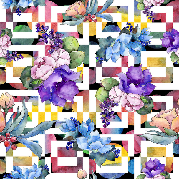 Akvarell színes csokor trópusi virág. Virágos botanikai virág. Varratmentes háttérben minta. Szövet nyomtatási textúrát. A háttér, a textúra, a burkoló minta Aquarelle vadvirág. - Fotó, kép