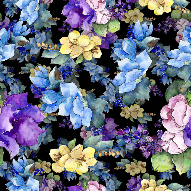 Watercolor colorful bouquet tropical flower. Floral botanical flower. Seamless background pattern. Fabric wallpaper print texture.Aquarelle wildflower for background, texture, wrapper pattern. - Photo, Image