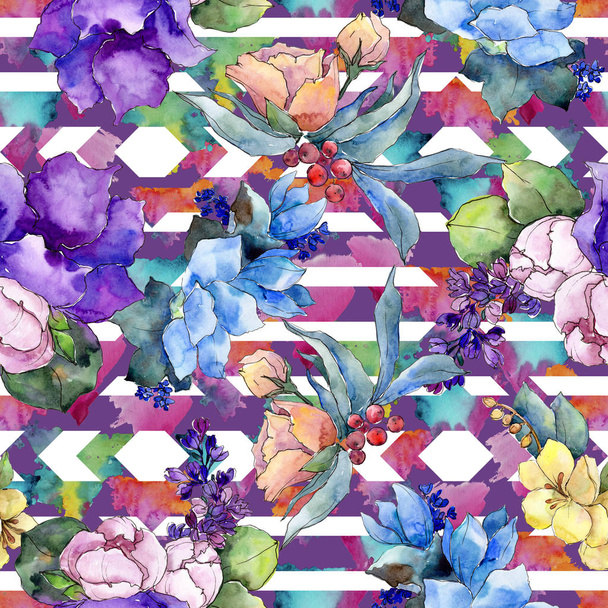 Watercolor colorful bouquet tropical flower. Floral botanical flower. Seamless background pattern. Fabric wallpaper print texture.Aquarelle wildflower for background, texture, wrapper pattern. - Fotografie, Obrázek